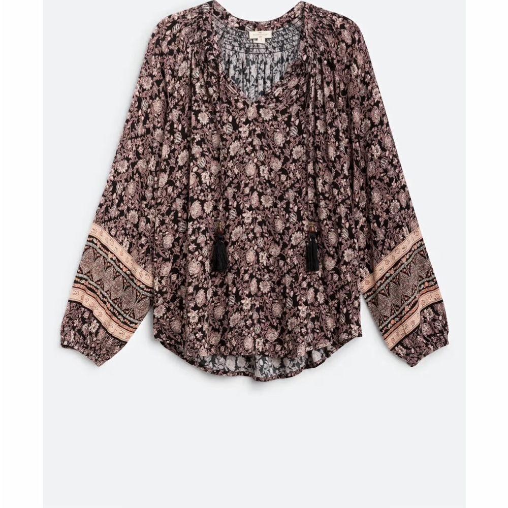 Brown and Tan Relaxed Tie Front Blouse with Long Sleeves